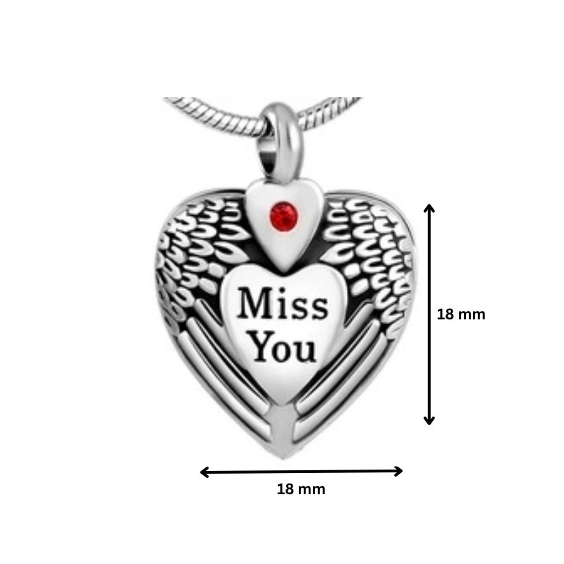 Miss You Heart Pendant - Heart Urn Pendant | Stainless Steel shown with 18mm dimensions. Features engraved 'Miss You' and red gem accent.