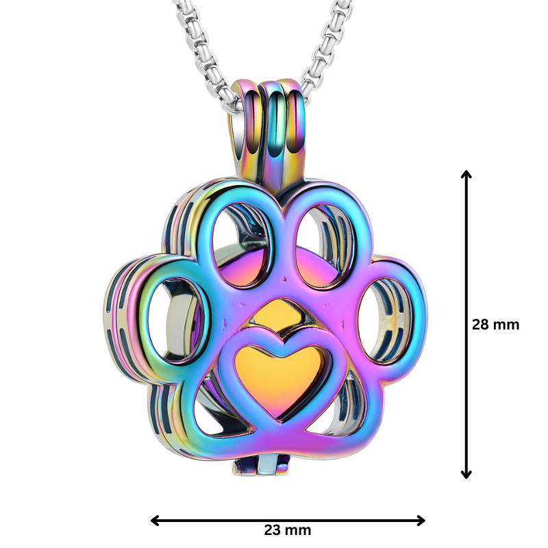 Rainbow Paw Print Urn Pendant with 28mm height and 23mm width. Stainless steel cremation jewelry for pet memorial keepsakes.