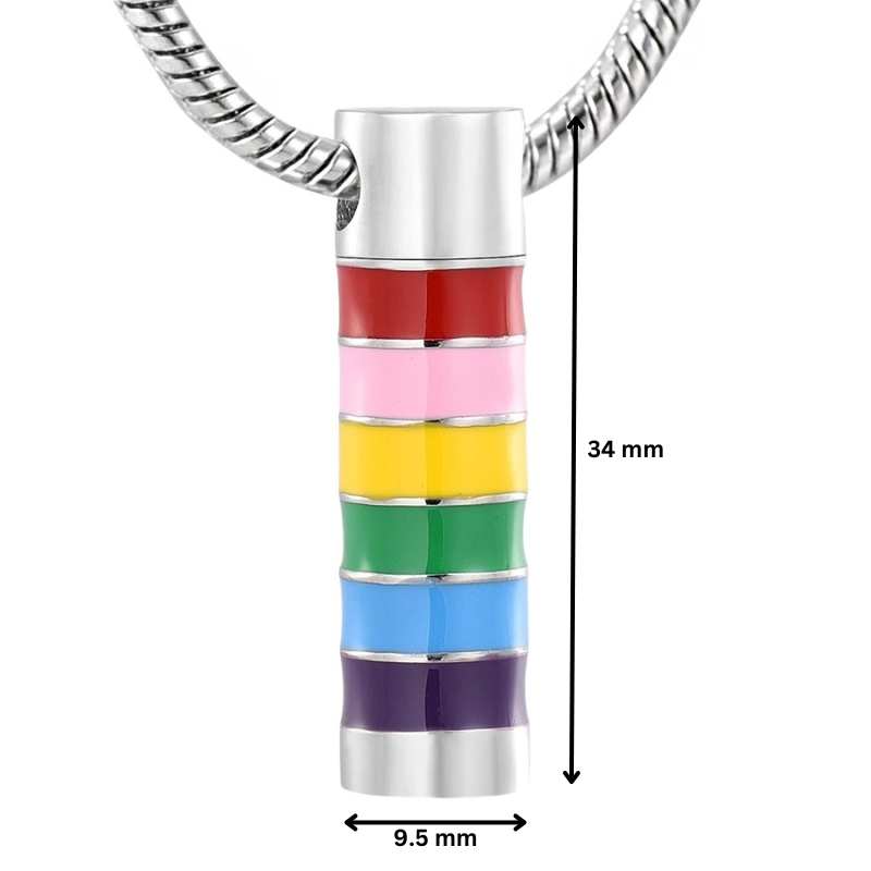 Rainbow Cylinder Pendant - Rainbow Memorial Pendant measuring 34mm x 9.5mm, stainless steel with vibrant enamel stripes and ash-holding cavity.