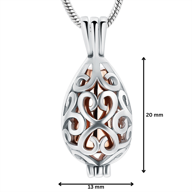 Rose gold urn pendant necklace with 20mm height and 13mm width. Teardrop keepsake design in stainless steel for holding ashes.