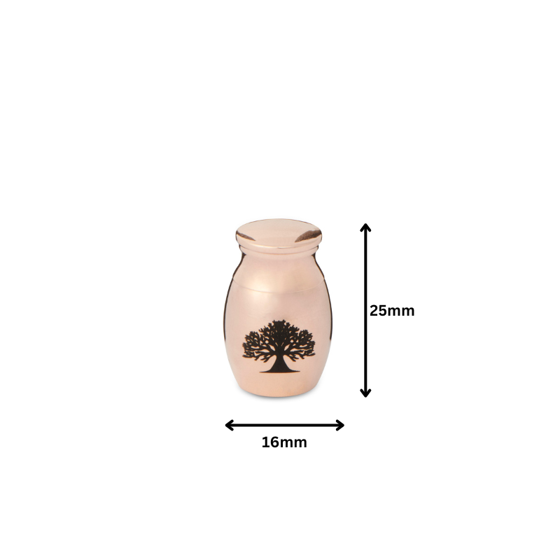 Mini Tree of Life Urn - Rose Gold Tone Thimble measuring 25mm tall and 16mm wide, perfect for storing small memorial items like ashes or hair.
