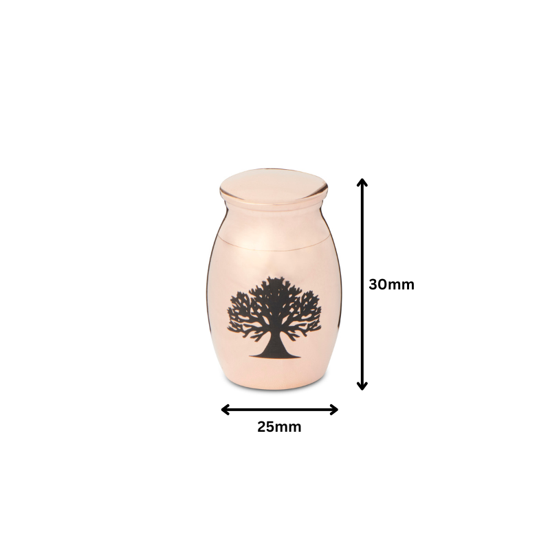 Mini Tree of Life Urn Rose Gold, 30mm tall and 25mm wide, stainless steel keepsake with threaded lid and symbolic tree engraving.