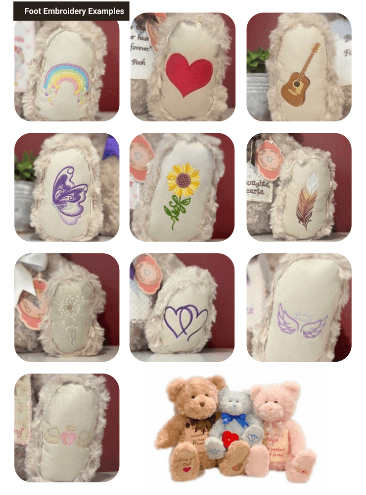 Foot embroidery designs for Classic Teddy Bear Keepsake Urn - Memorial | Timeless Memento, including hearts, wings, flowers, and musical symbols.