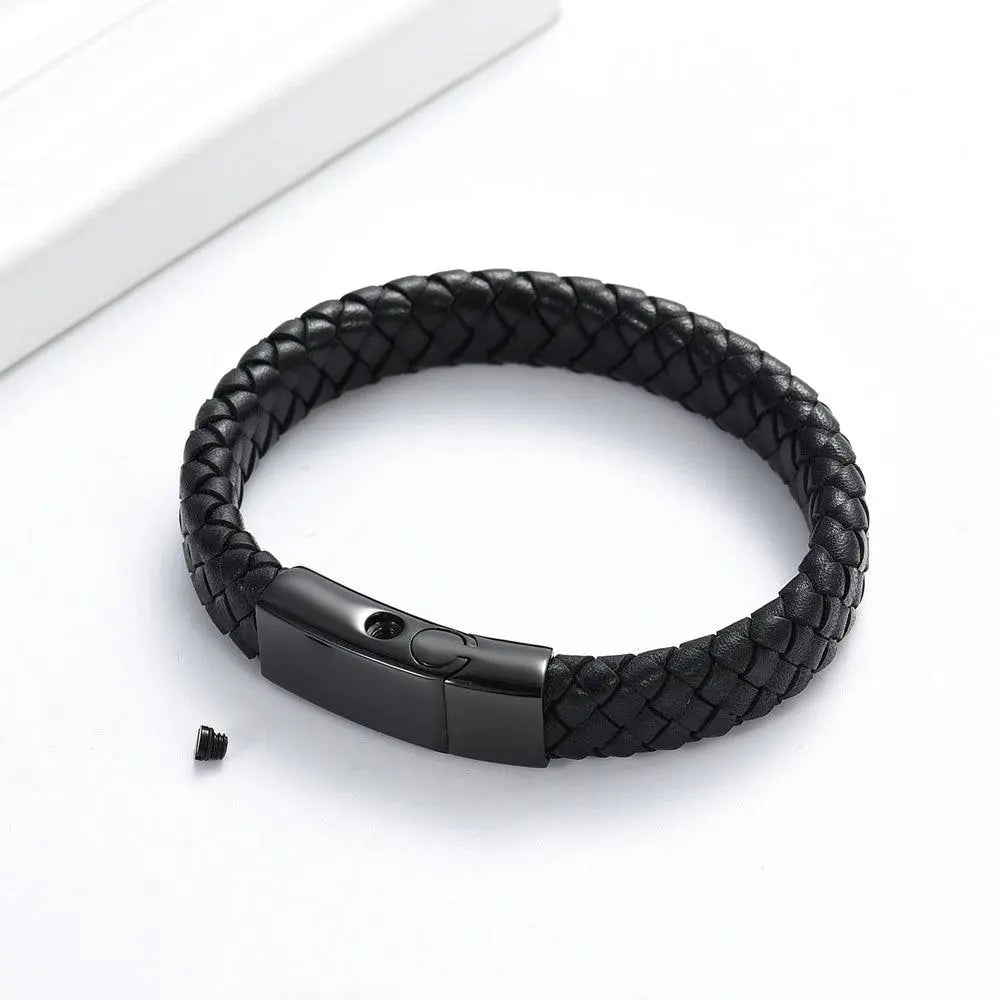 Black Braided Leather Bracelet Urn Black Clasp - PREMIUM URNS