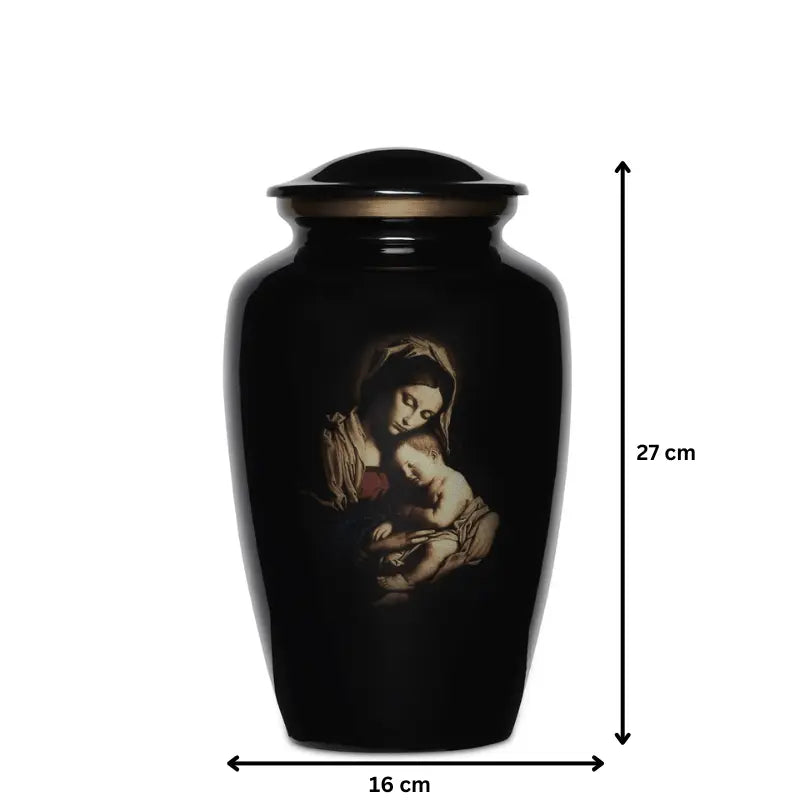 Black Cremation Urn with Mother Mary & Baby Jesus - PREMIUM URNS
