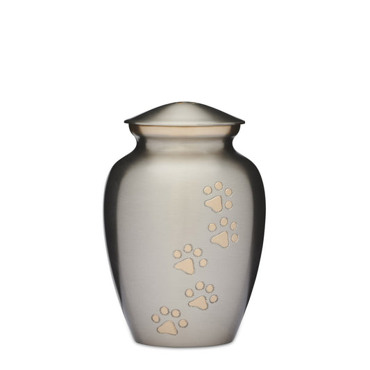Elegant Silver with Gold Paws Pet Urn: Secure and Stylish