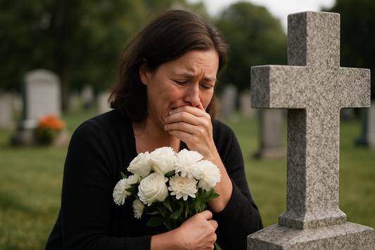 Grieving woman holding white flowers at a cemetery memorial site