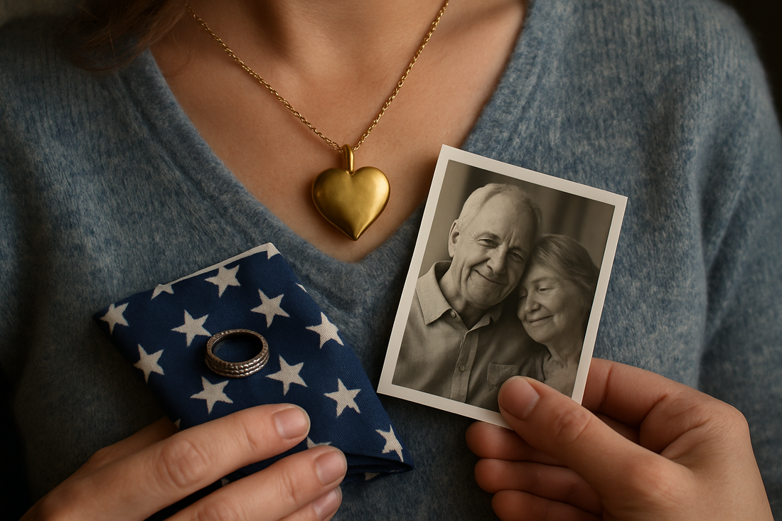 Woman holding memorial photo and flag with ring, wearing heart locket.