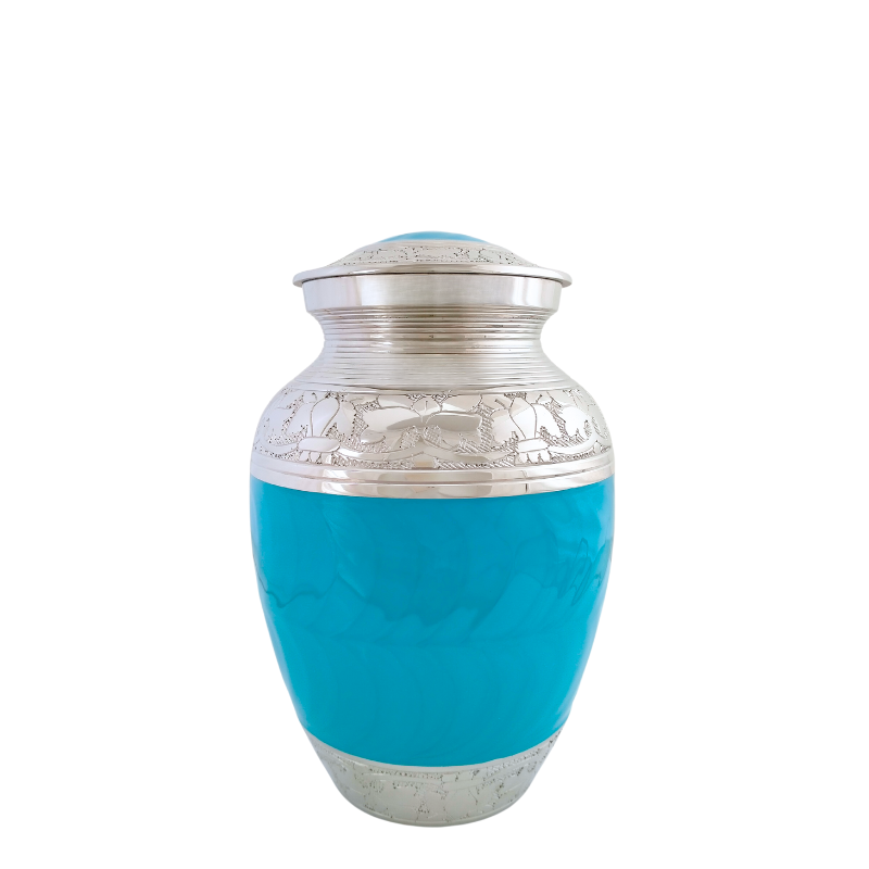 Elegant silver and turquoise adult cremation urn with engraved detailing
