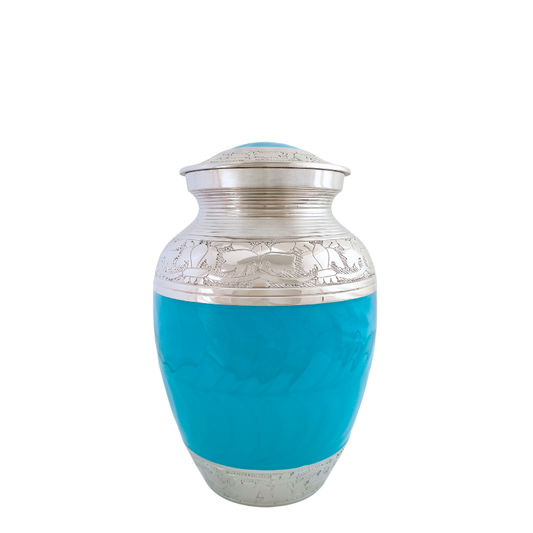 Elegant silver and turquoise adult cremation urn with engraved detailing
