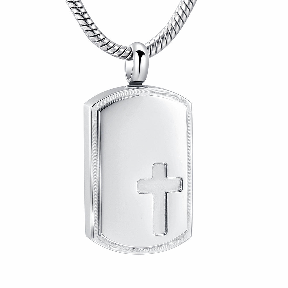 Engraved Cross Pendant - Jewelry | Stainless Steel, Silver. Features a polished silver finish with a recessed cross design on a snake chain.