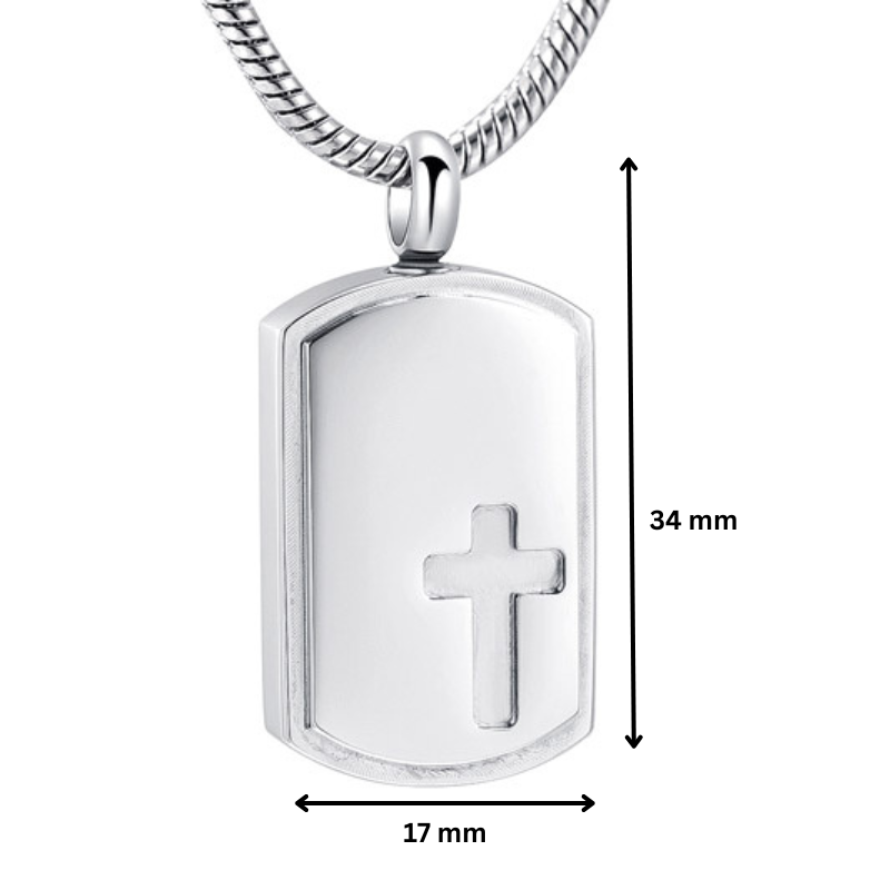 Engraved Cross Pendant - Jewelry | Stainless Steel, Silver. Pendant measures 34mm by 17mm, showcasing a sleek cross engraving on a silver plate.