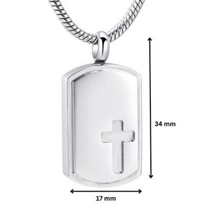 Engraved Cross Pendant - Jewelry | Stainless Steel, Silver. Pendant measures 34mm by 17mm, showcasing a sleek cross engraving on a silver plate.