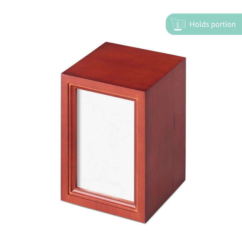 Large wooden photo urn made from solid catalpa with a front photo display slot. Holds 950ml of cremation ashes for a respectful memory display.