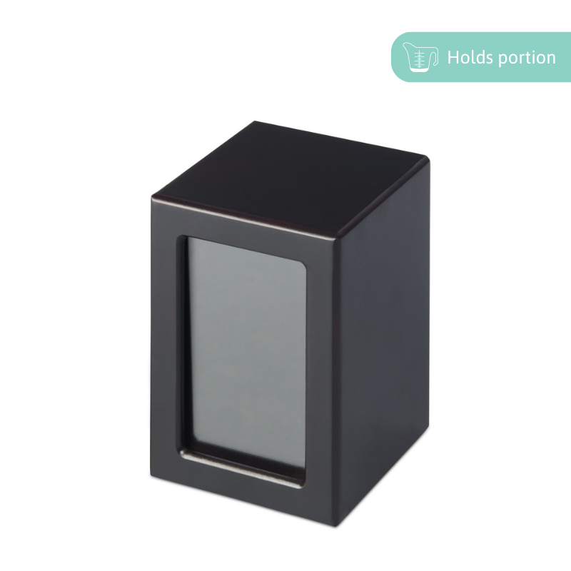 Mahogany Photo Cremation Urn - Large with easy photo change feature and sleek veneer finish. Holds a portion of adult ashes, 700ml capacity.