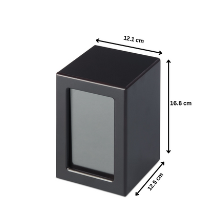 Large Mahogany Photo Cremation Urn with dimensions 16.8 x 12.5 x 12.1 cm. Timber veneer urn with separate photo and ash compartments.