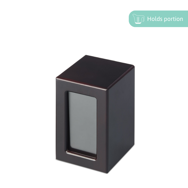 Mahogany Photo Urn - Medium with timber veneer finish and front photo display. Holds portion ashes with 400ml capacity.