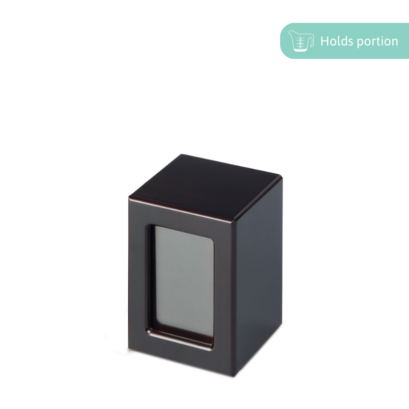 Mahogany Veneer Photo Urn - Small with sleek dark wood finish and front photo frame. Ideal cremation urn for keepsake ashes and remembrance display.