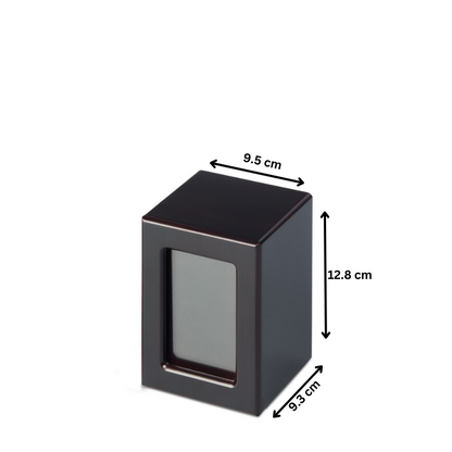 Small Mahogany Veneer Photo Urn with dimensions 12.8 x 9.5 x 9.3 cm. Features a photo frame and holds a portion of ashes for memorial use.