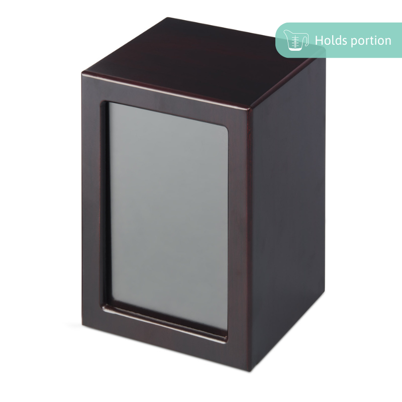 Mahogany Veneer Photo Urn - Extra Large with sliding photo panel and clear coat finish. Elegant urn for ashes, ideal for memorial display.