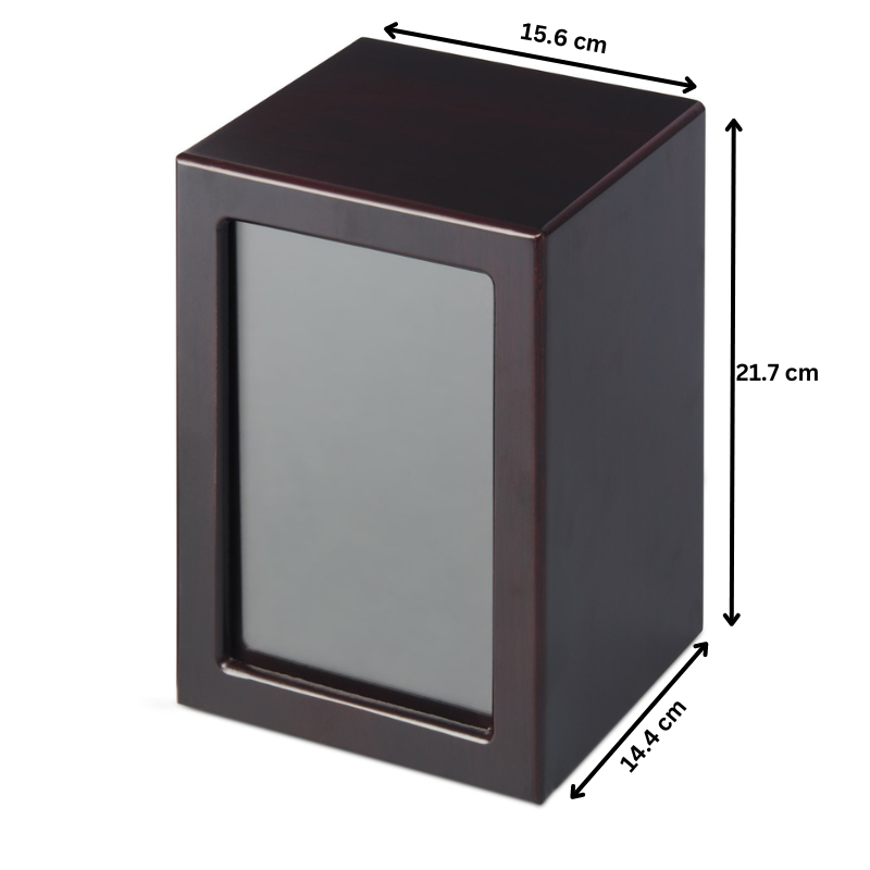 Extra large Mahogany Veneer Photo Urn for ashes with dimensions 21.7 x 15.6 x 14.4 cm. Features photo slot and polished wood finish.