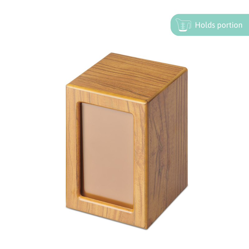 Large Timber Veneer Photo Urn - Beautiful Keepsake with clear coat finish and front photo panel, ideal for memorializing loved ones.