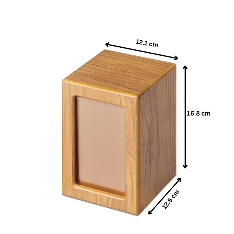 Large Timber Veneer Photo Urn - Beautiful Keepsake with dimensions 16.8 x 12.5 x 12.1 cm, featuring a photo slot and smooth wood finish.