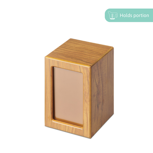Medium Timber Veneer Photo Urn with honey-colored finish and front photo compartment. Holds 400ml of ashes with easy screw access.