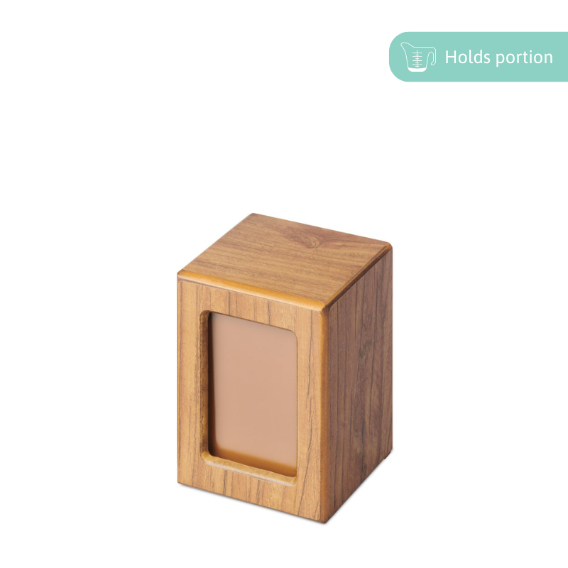 Small timber photo urn with timber veneer finish, featuring a front photo display for memorial use. Ideal for keeping a loved one’s memory close.