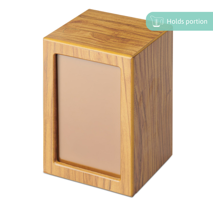 Extra Large Timber Veneer Photo Urn with clear coat finish, designed to hold a photo and portion of ashes. Elegant wood grain for memorial use.