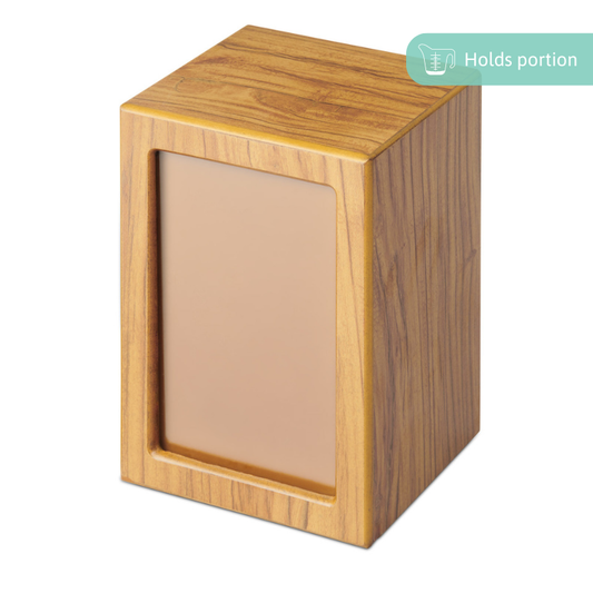 Extra Large Timber Veneer Photo Urn with clear coat finish, designed to hold a photo and portion of ashes. Elegant wood grain for memorial use.
