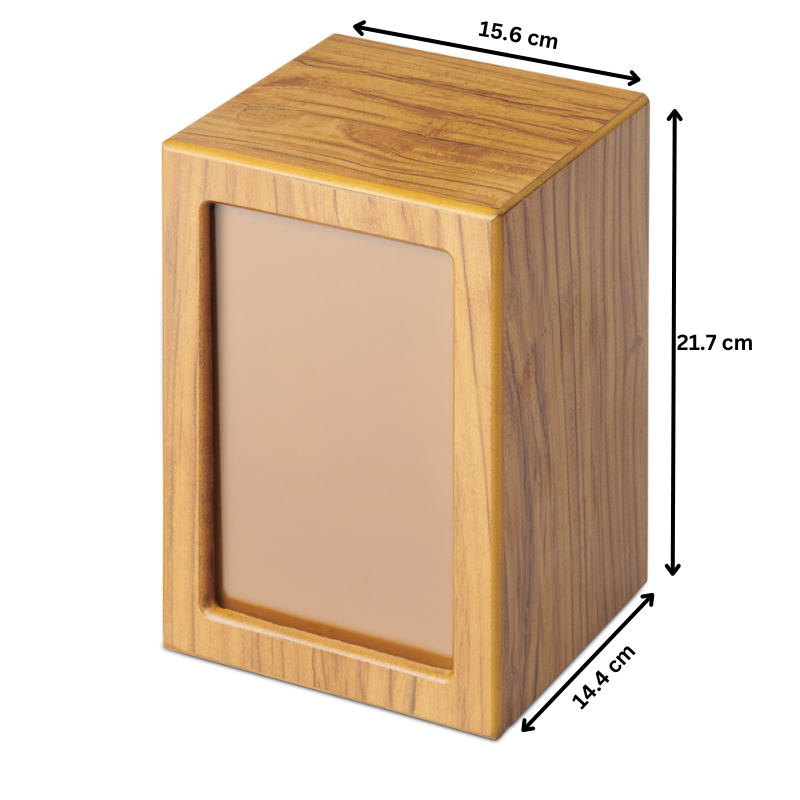 Timber Veneer Photo Urn - Extra Large with dimensions 21.7 x 15.6 x 14.4 cm. Features photo display and ash compartment for memorial keepsakes.