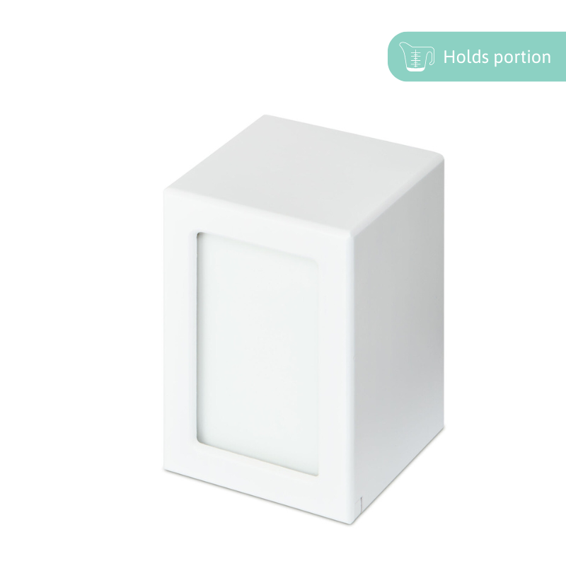 Large photo urn in white timber veneer with 700ml capacity, featuring a front photo slot and discreet screw panel for ashes.