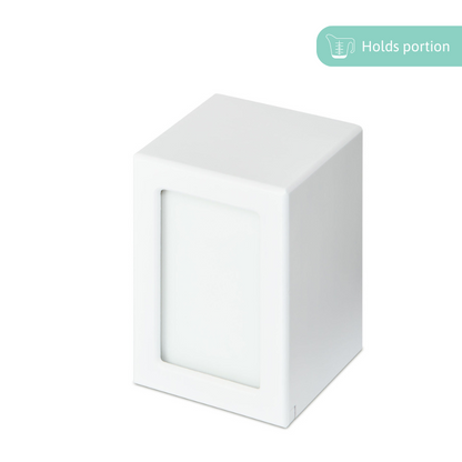 Large photo urn in white timber veneer with 700ml capacity, featuring a front photo slot and discreet screw panel for ashes.