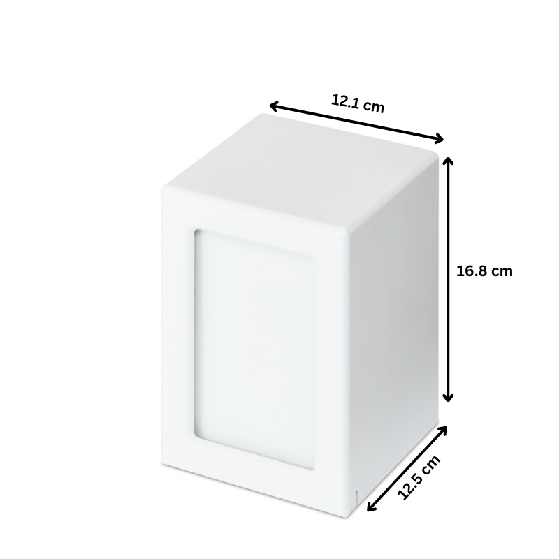 White timber veneer memorial urn with 700ml capacity, measuring 16.8cm tall, includes photo display and secure screw panel access.