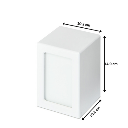 Medium White Photo Urn 400ml with dimensions 14.9 x 10.2 x 10.2 cm, featuring a photo compartment and clear coat lacquer finish.