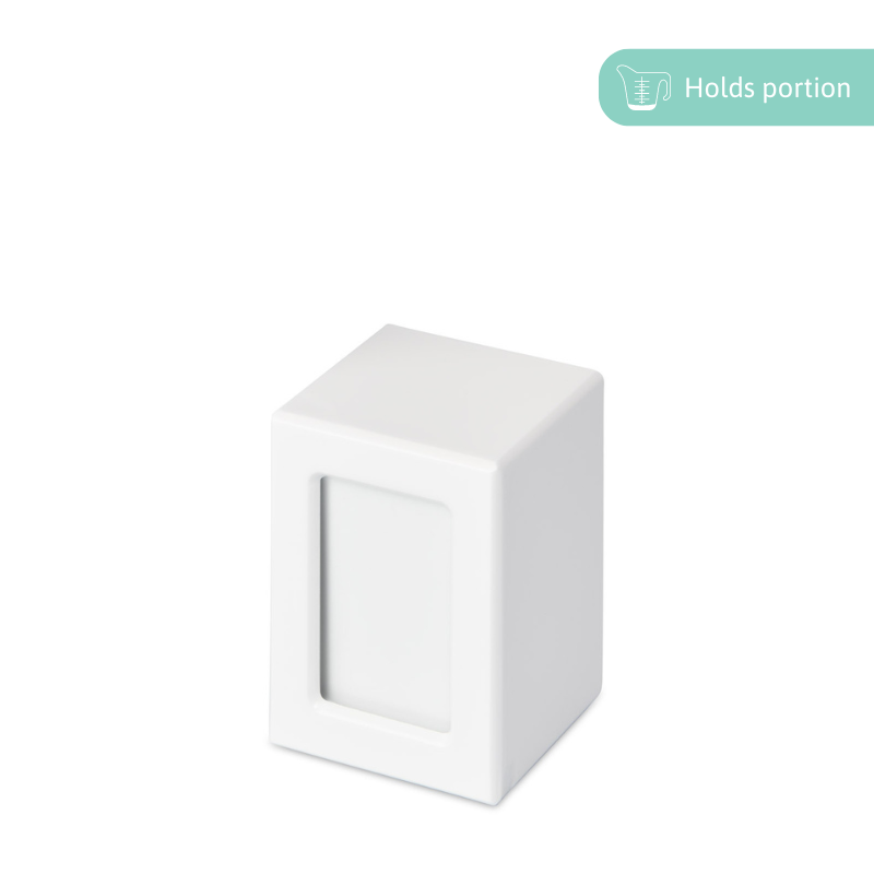 White Photo Urn - Small Photo Urn with a sleek rectangular design and front photo slot. Compact cremation keepsake ideal for holding a portion of ashes.
