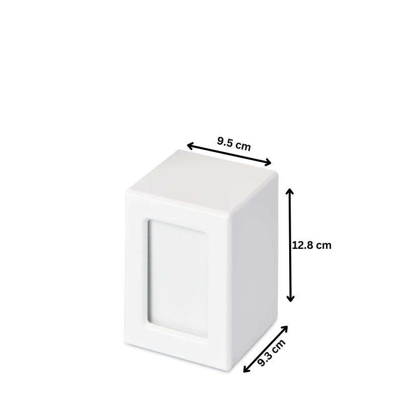 White Photo Urn - Small Photo Urn with dimensions 12.8 x 9.5 x 9.3 cm. Minimalist keepsake urn with photo compartment for memorial display.