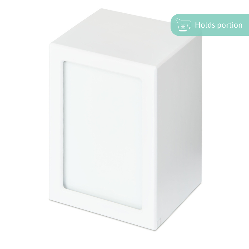 White Photo Urn - Extra Large with changeable photo display and sleek rectangular design. Ideal for memorials with a separate ash compartment.