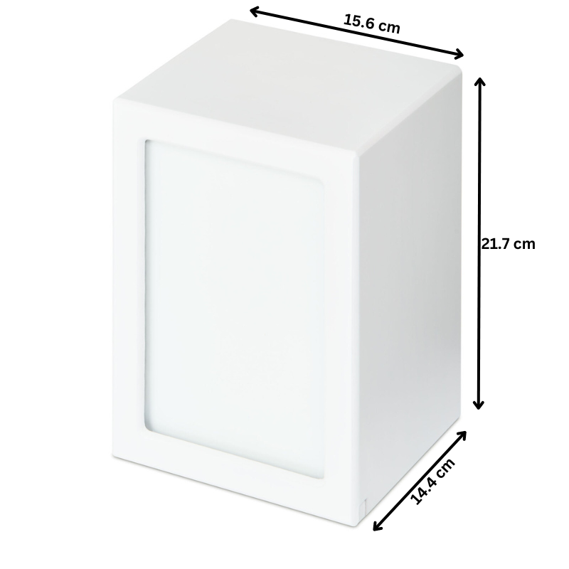 Extra large white photo urn with dimensions 21.7cm x 15.6cm x 14.4cm. Features a changeable photo slot and discreet ash storage.