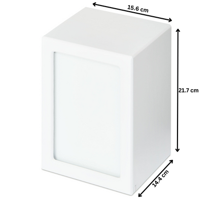 Extra large white photo urn with dimensions 21.7cm x 15.6cm x 14.4cm. Features a changeable photo slot and discreet ash storage.