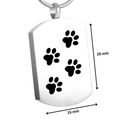 Paw Print Tag - Custom Pet ID Pendant | Stainless Steel, Velvet Bag with 25mm x 15mm dimensions and engraved black paw prints. Includes chain and velvet pouch.