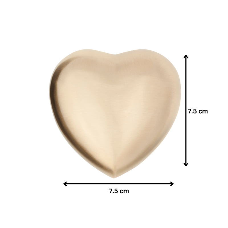 Brushed Brass Heart Keepsake Urn measuring 7.5 cm x 7.5 cm. Small cremation urn for ashes, hair, or petals, perfect for memorial keepsakes.