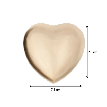 Brushed Brass Heart Keepsake Urn measuring 7.5 cm x 7.5 cm. Small cremation urn for ashes, hair, or petals, perfect for memorial keepsakes.