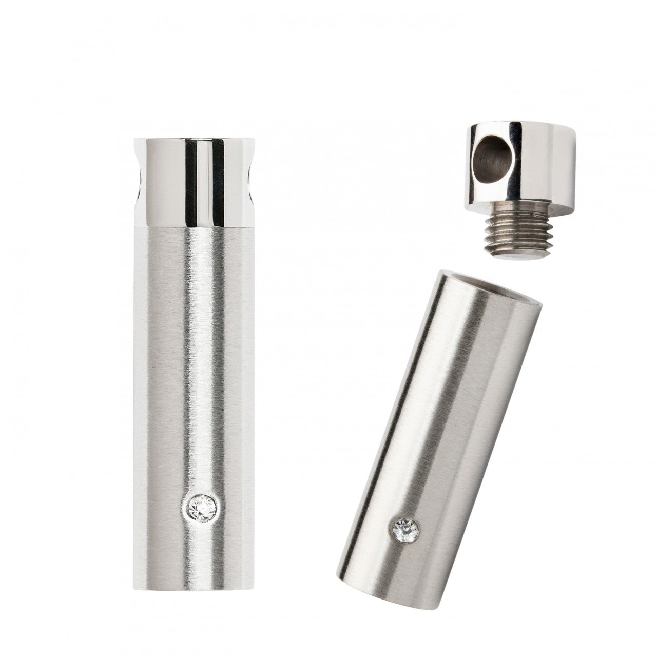 Diamante Cylinder cremation pendant shown open and closed, revealing threaded top for secure ashes storage in stainless steel keepsake jewellery.