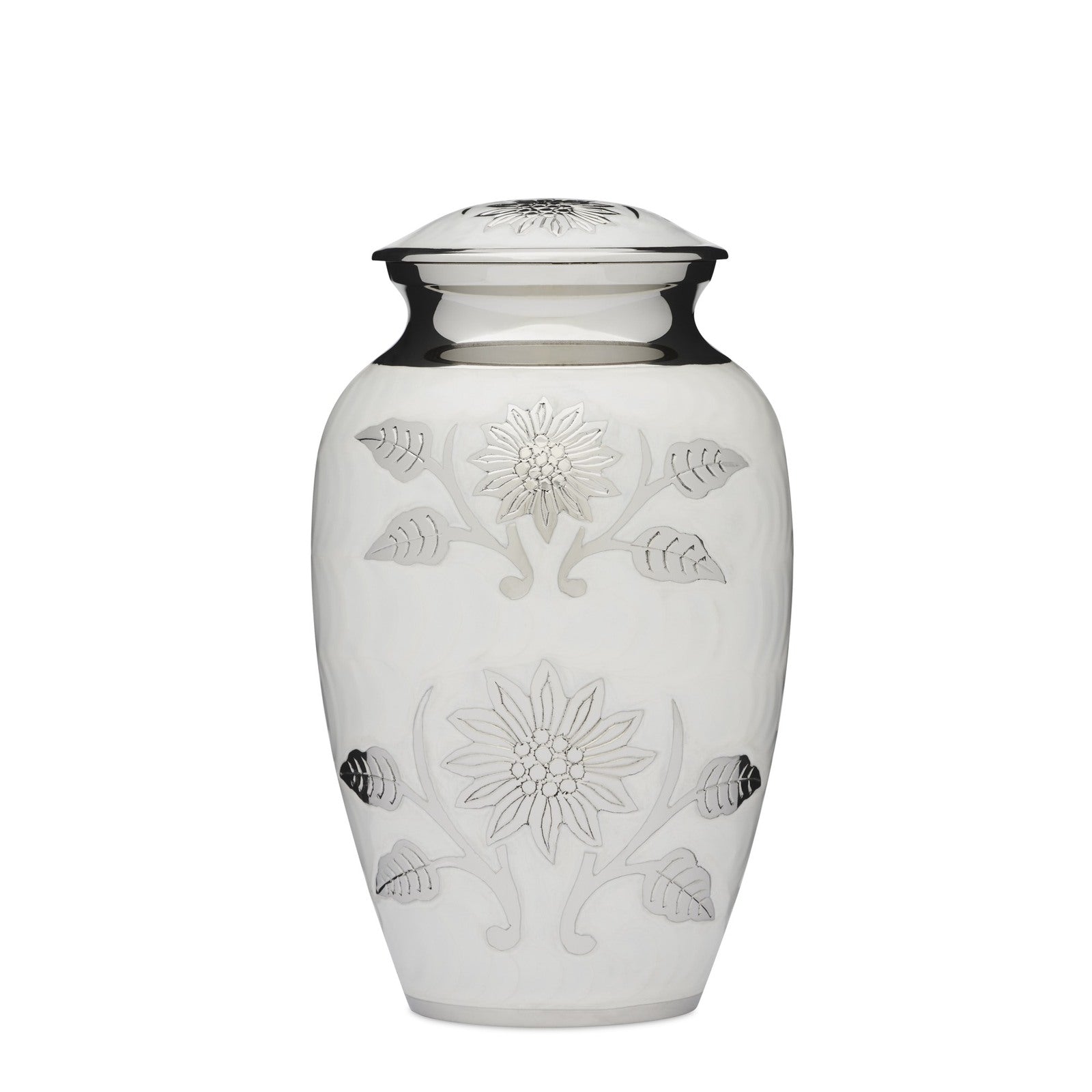 Floral White Urn - White Adult Cremation Urn in solid brass with silver nickel flower engravings. Elegant design with secure threaded lid.