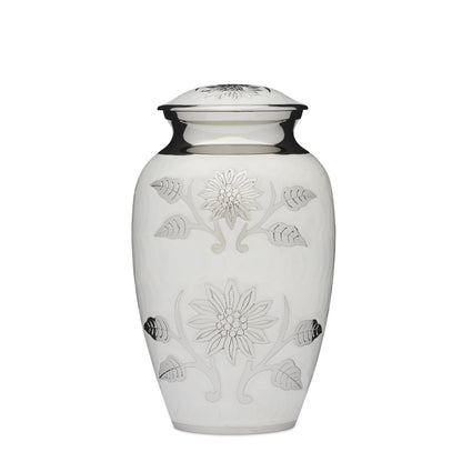 Floral White Urn - White Adult Cremation Urn in solid brass with silver nickel flower engravings. Elegant design with secure threaded lid.