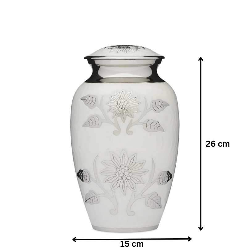 Floral White Urn - White Adult Cremation Urn measuring 26 cm tall and 15 cm wide. Solid brass with floral silver detailing and secure lid.