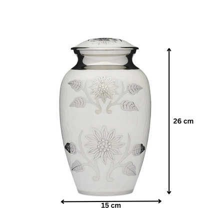 Floral White Urn - White Adult Cremation Urn measuring 26 cm tall and 15 cm wide. Solid brass with floral silver detailing and secure lid.