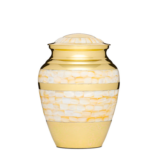 Gold urn for ashes with Mother of Pearl inlay, handcrafted brass design with secure threaded lid. Adult size urn holds 3.3 liters of ashes.